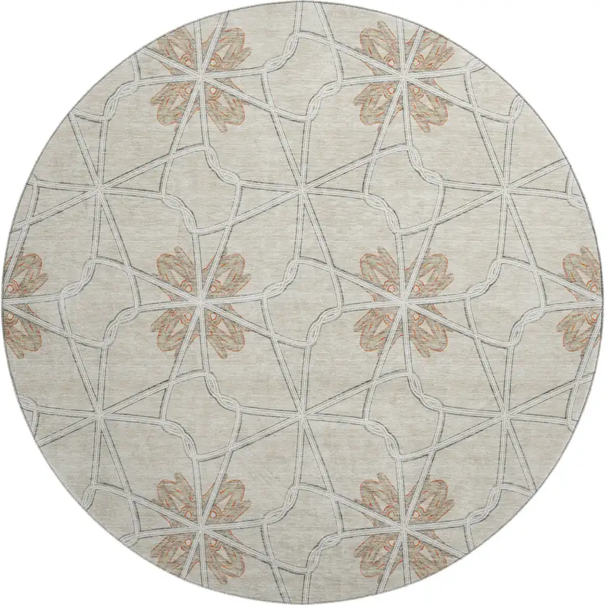 8' Beige Taupe And Gray Geometric Washable Round Rug With UV Protection Photo 1