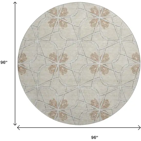 8' Beige Taupe And Gray Geometric Washable Round Rug With UV Protection Photo 9