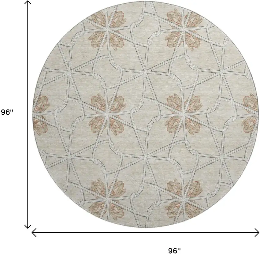 8' Beige Taupe And Gray Geometric Washable Round Rug With UV Protection Photo 9