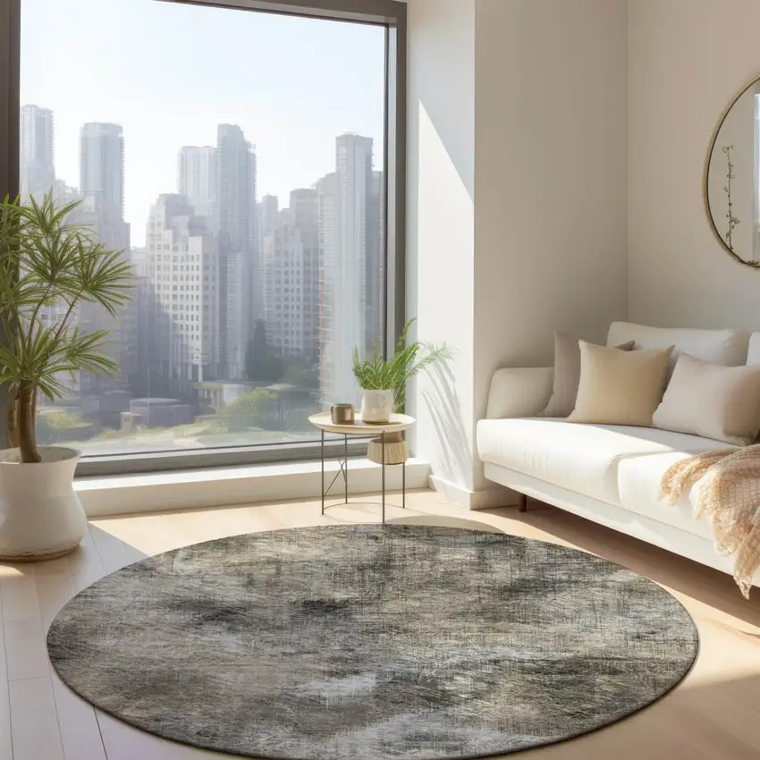 8' Beige Taupe And Gray Round Abstract Washable Indoor Outdoor Area Rug Photo 7