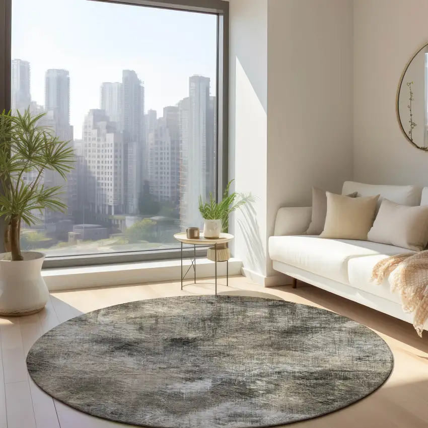 8' Beige Taupe And Gray Round Abstract Washable Indoor Outdoor Area Rug Photo 7