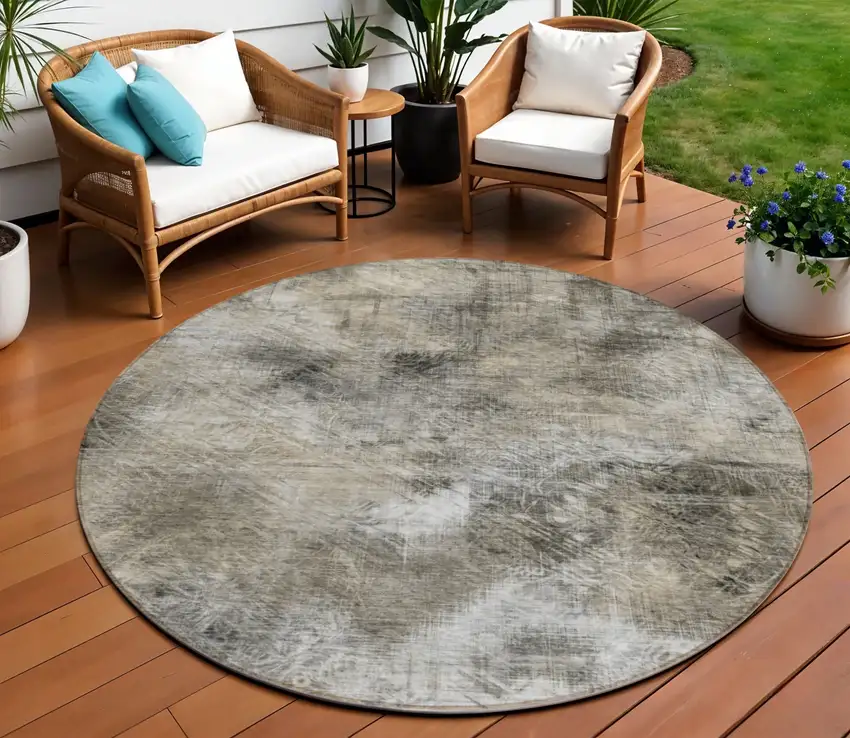 8' Beige Taupe And Gray Round Abstract Washable Indoor Outdoor Area Rug Photo 1