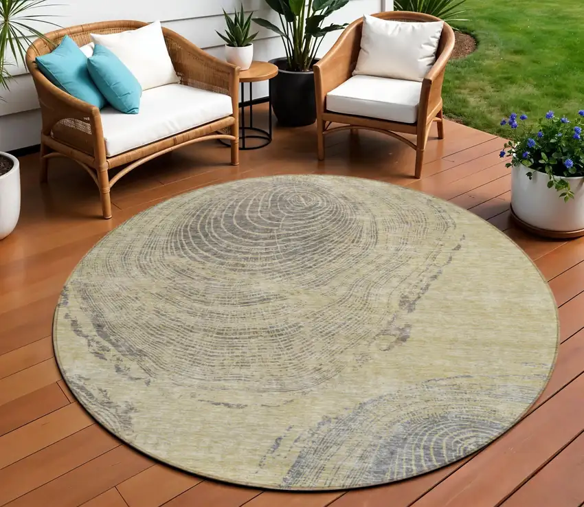 8' Beige Taupe And Gray Round Abstract Washable Indoor Outdoor Area Rug Photo 2