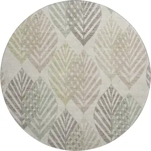 Photo of 8' Beige Taupe And Green Floral Washable Round Rug With UV Protection