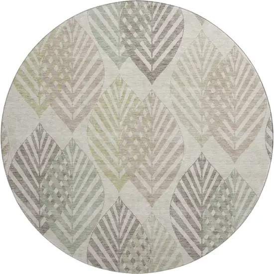 8' Beige Taupe And Green Floral Washable Round Rug With UV Protection Photo 1