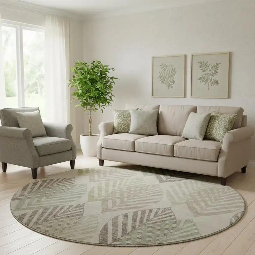 8' Beige Taupe And Green Floral Washable Round Rug With UV Protection Photo 1