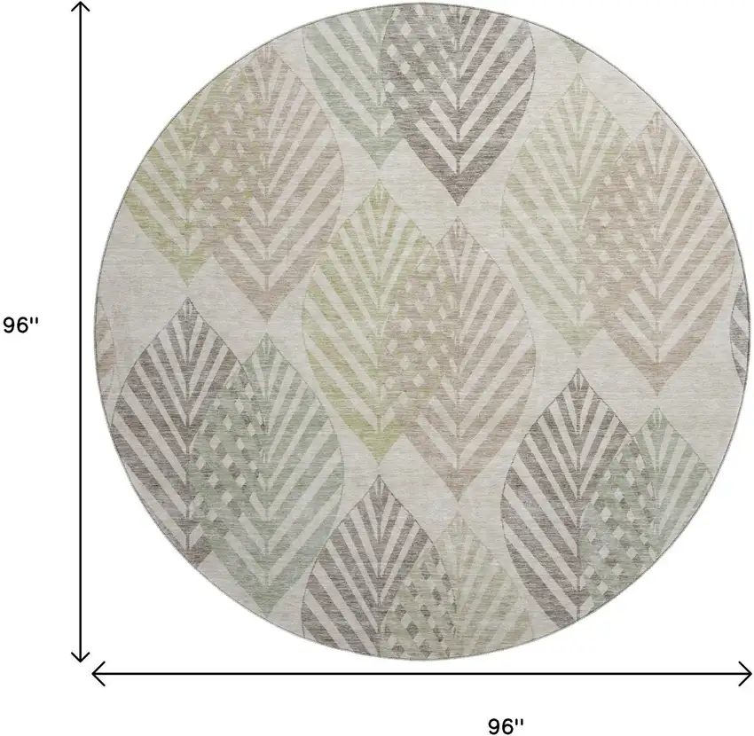 8' Beige Taupe And Green Floral Washable Round Rug With UV Protection Photo 4