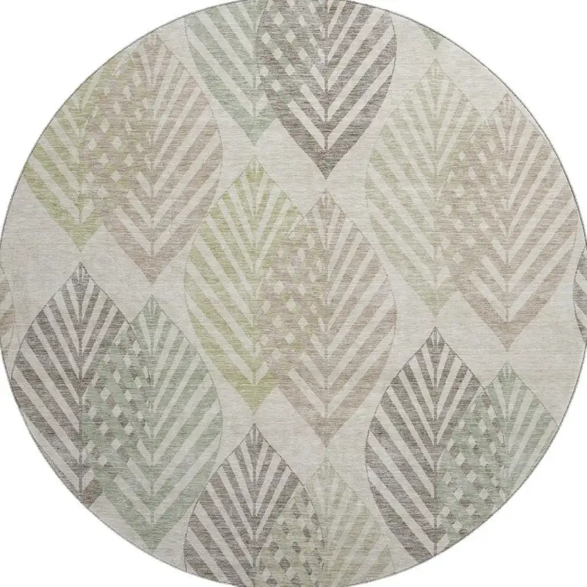 8' Beige Taupe And Green Floral Washable Round Rug With UV Protection Photo 4