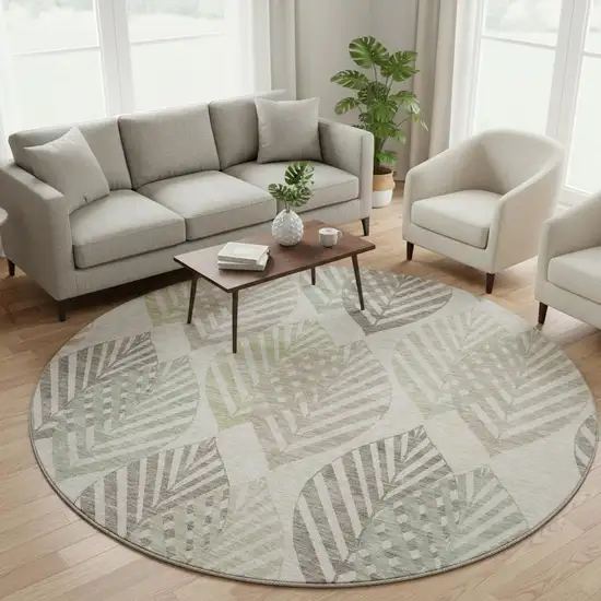 8' Beige Taupe And Green Floral Washable Round Rug With UV Protection Photo 2