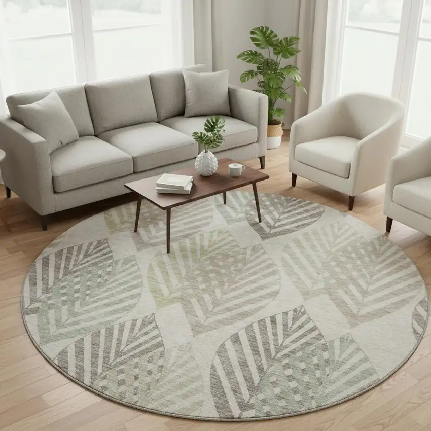 8' Beige Taupe And Green Floral Washable Round Rug With UV Protection Photo 2