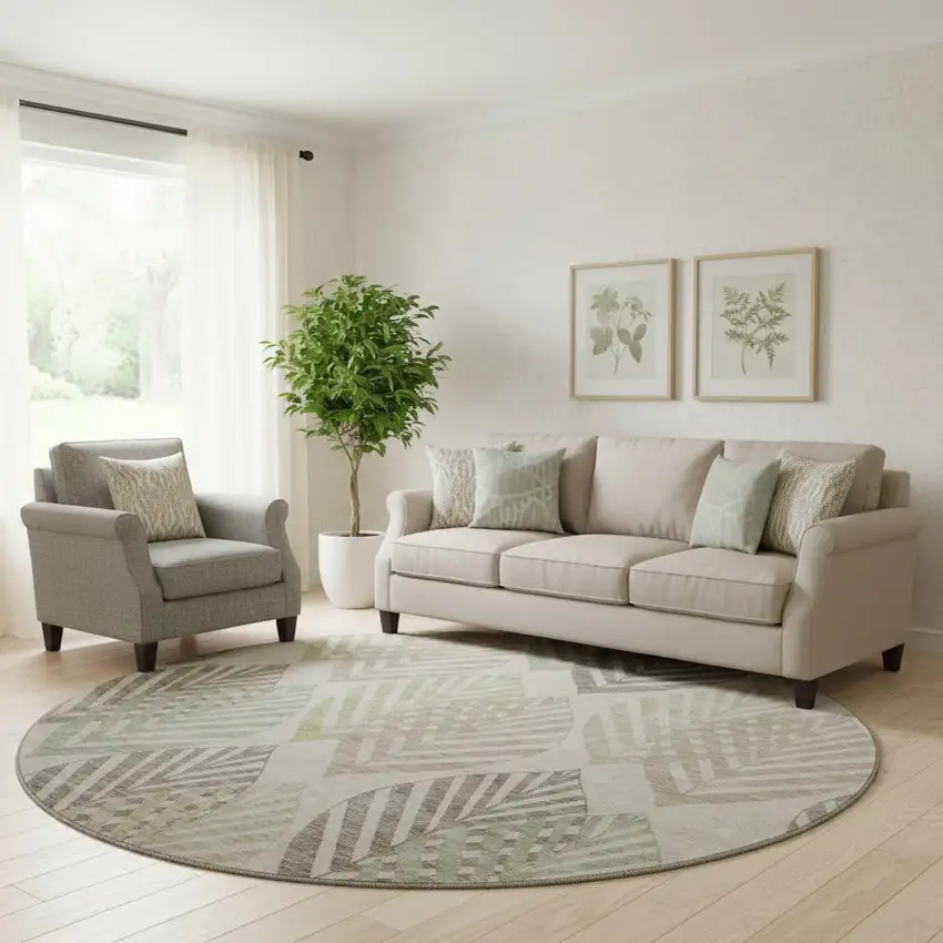 8' Beige Taupe And Green Floral Washable Round Rug With UV Protection Photo 3