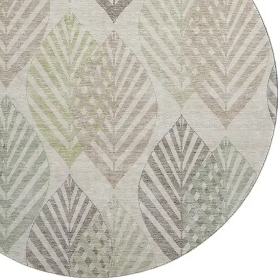 8' Beige Taupe And Green Floral Washable Round Rug With UV Protection Photo 3