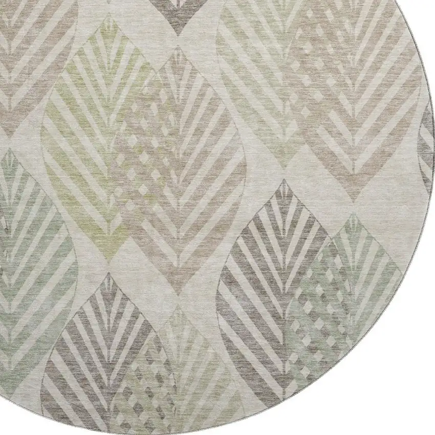 8' Beige Taupe And Green Floral Washable Round Rug With UV Protection Photo 3
