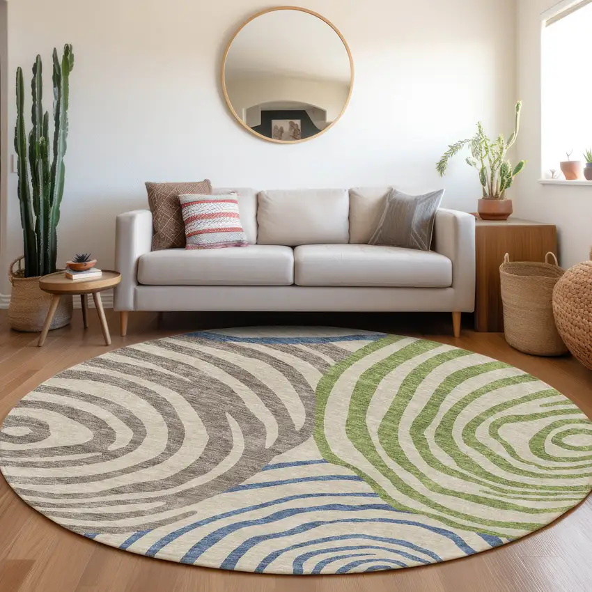 8' Beige Taupe And Green Round Abstract Washable Indoor Outdoor Area Rug Photo 8