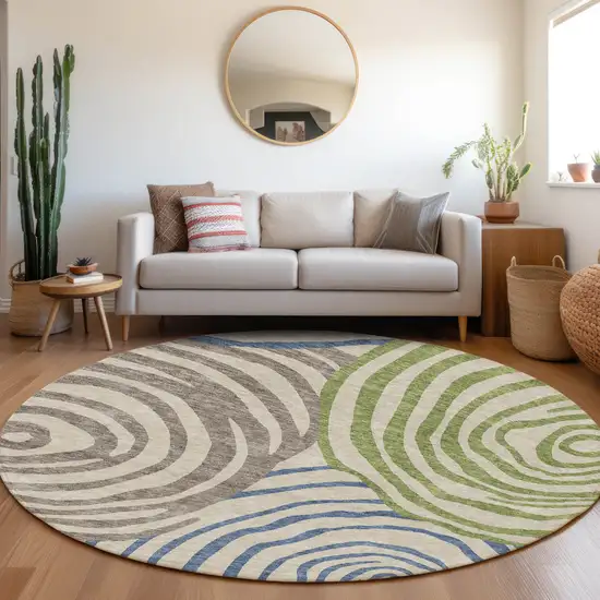 8' Beige Taupe And Green Round Abstract Washable Indoor Outdoor Area Rug Photo 8