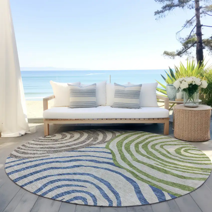 8' Beige Taupe And Green Round Abstract Washable Indoor Outdoor Area Rug Photo 7