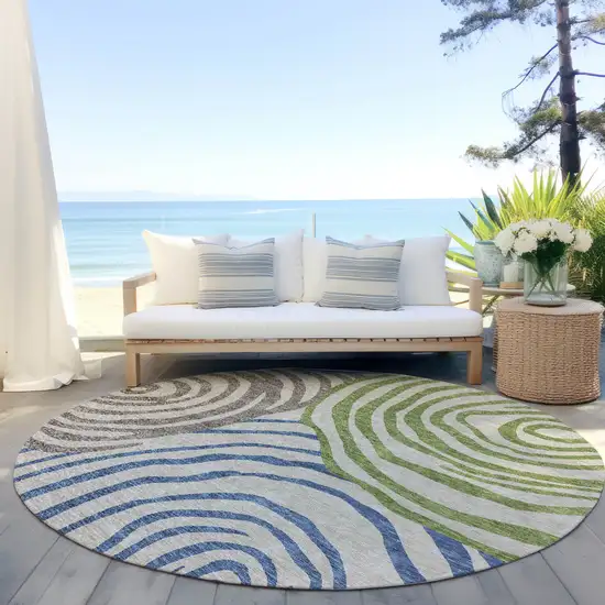 8' Beige Taupe And Green Round Abstract Washable Indoor Outdoor Area Rug Photo 7