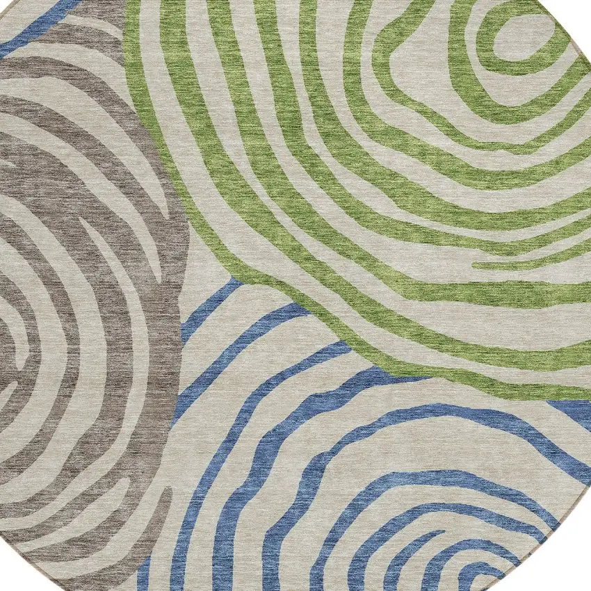 8' Beige Taupe And Green Round Abstract Washable Indoor Outdoor Area Rug Photo 5