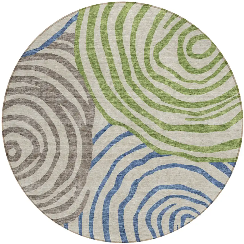 8' Beige Taupe And Green Round Abstract Washable Indoor Outdoor Area Rug Photo 1