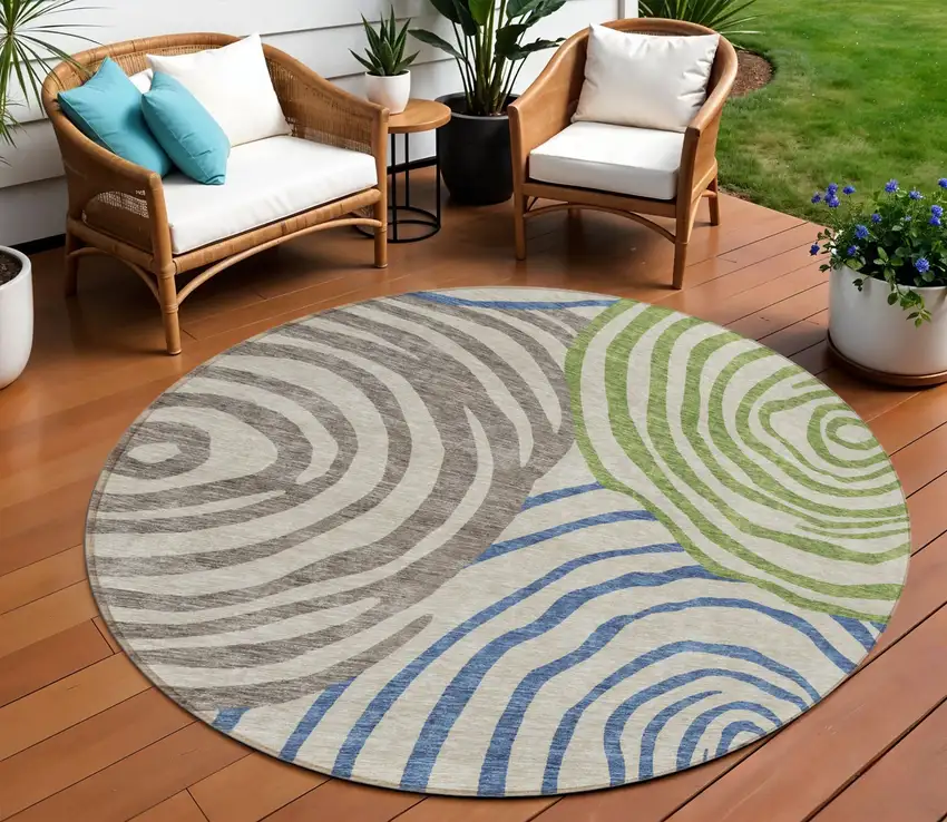 8' Beige Taupe And Green Round Abstract Washable Indoor Outdoor Area Rug Photo 1