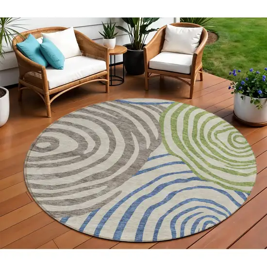 8' Beige Taupe And Green Round Abstract Washable Indoor Outdoor Area Rug Photo 1