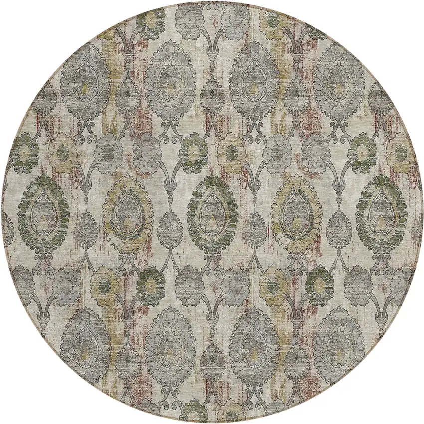 8' Beige Taupe And Green Round Damask Washable Indoor Outdoor Area Rug Photo 2