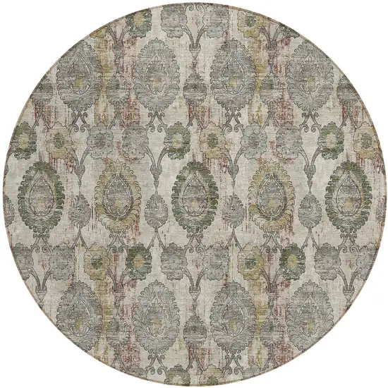 8' Beige Taupe And Green Round Damask Washable Indoor Outdoor Area Rug Photo 2