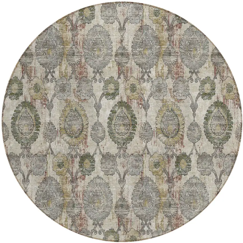 8' Beige Taupe And Green Round Damask Washable Indoor Outdoor Area Rug Photo 2