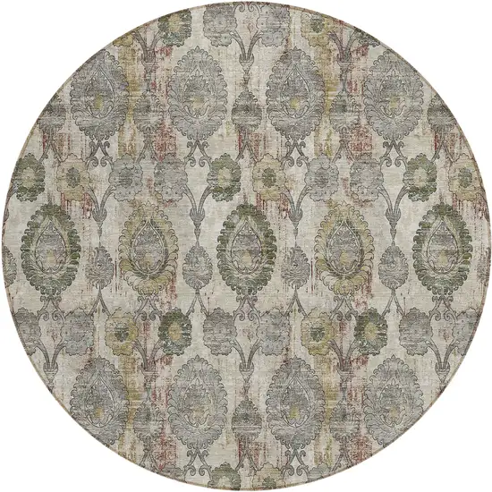 8' Beige Taupe And Green Round Damask Washable Indoor Outdoor Area Rug Photo 2