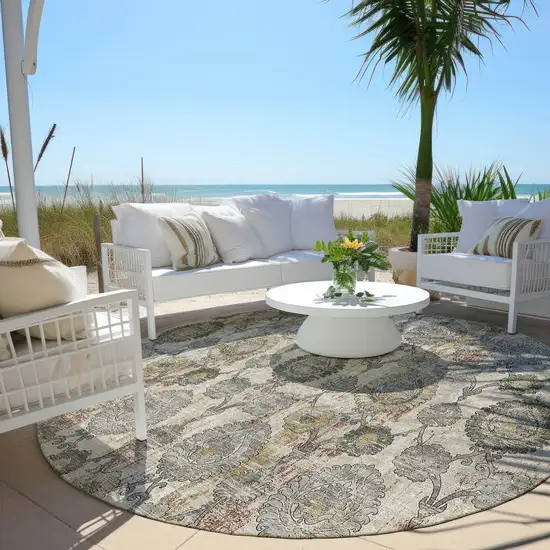 8' Beige Taupe And Green Round Damask Washable Indoor Outdoor Area Rug Photo 7