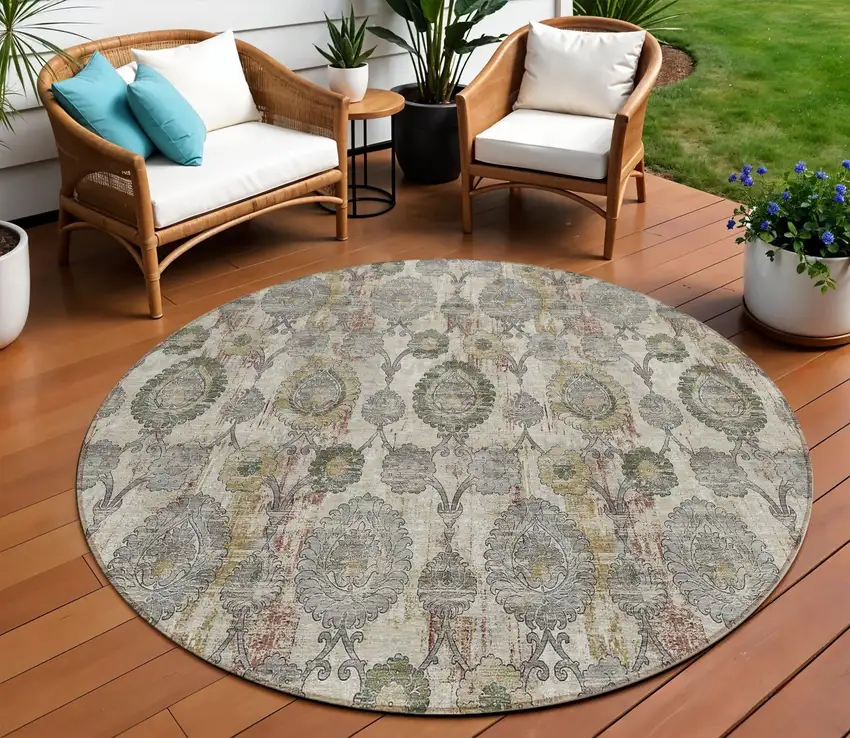 8' Beige Taupe And Green Round Damask Washable Indoor Outdoor Area Rug Photo 1