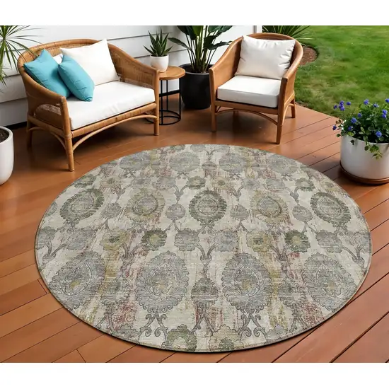 8' Beige Taupe And Green Round Damask Washable Indoor Outdoor Area Rug Photo 1