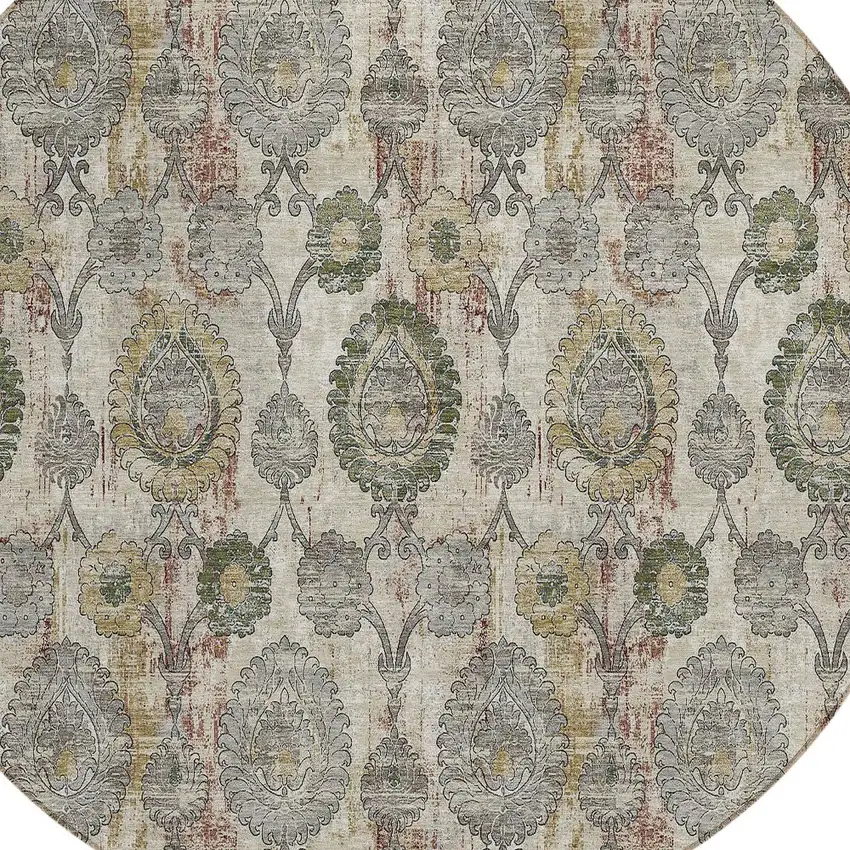 8' Beige Taupe And Green Round Damask Washable Indoor Outdoor Area Rug Photo 5