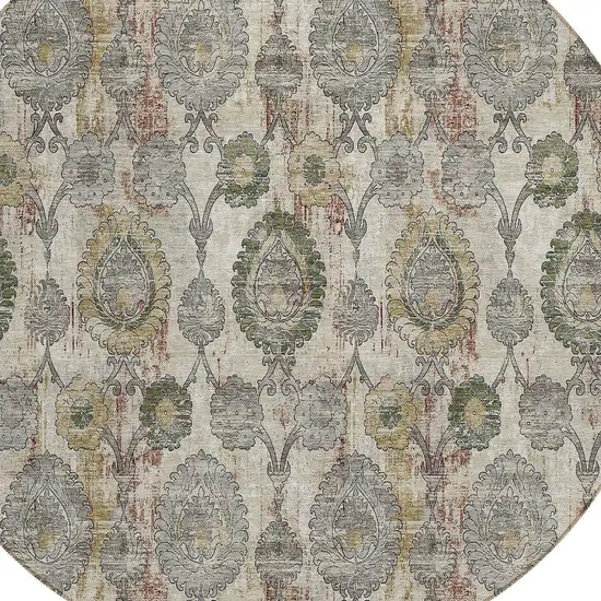 8' Beige Taupe And Green Round Damask Washable Indoor Outdoor Area Rug Photo 5