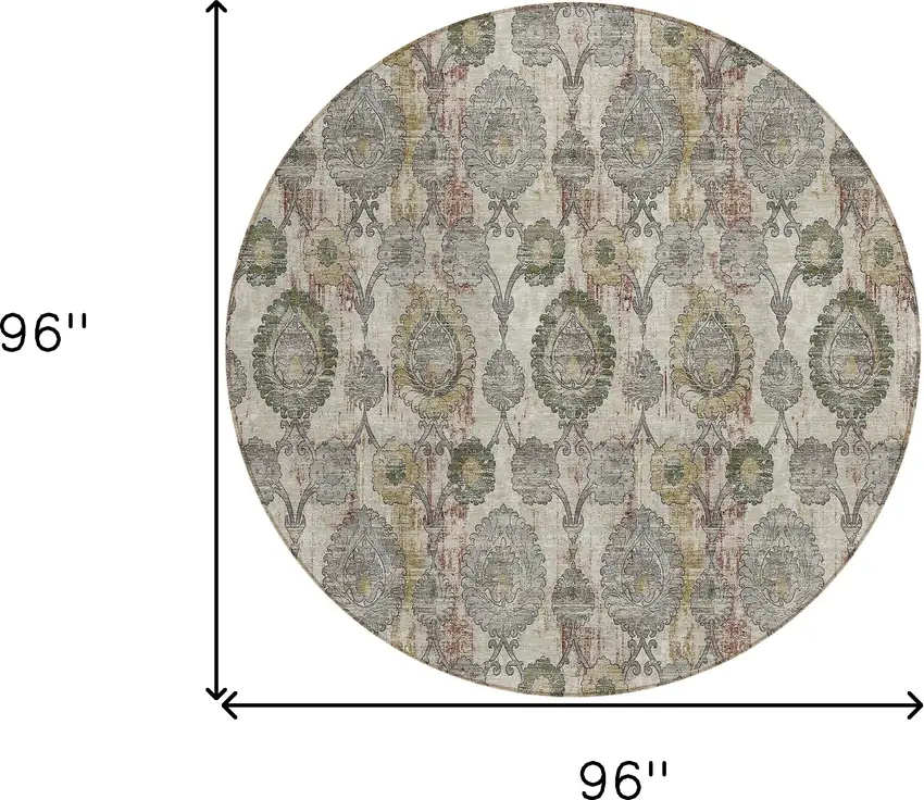 8' Beige Taupe And Green Round Damask Washable Indoor Outdoor Area Rug Photo 3