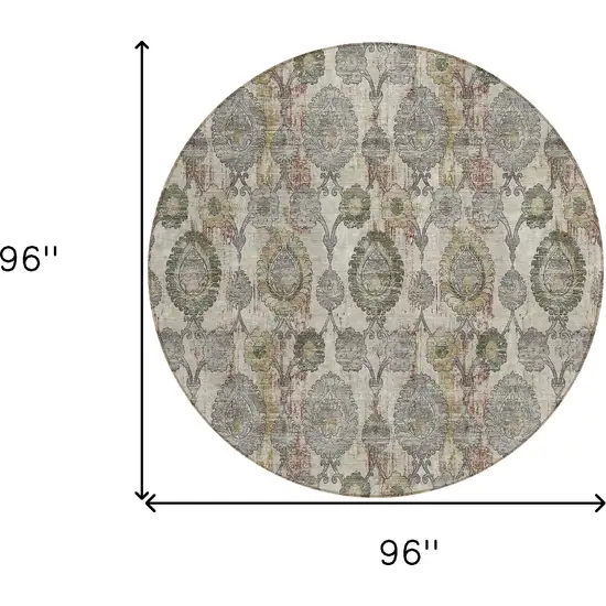 8' Beige Taupe And Green Round Damask Washable Indoor Outdoor Area Rug Photo 3