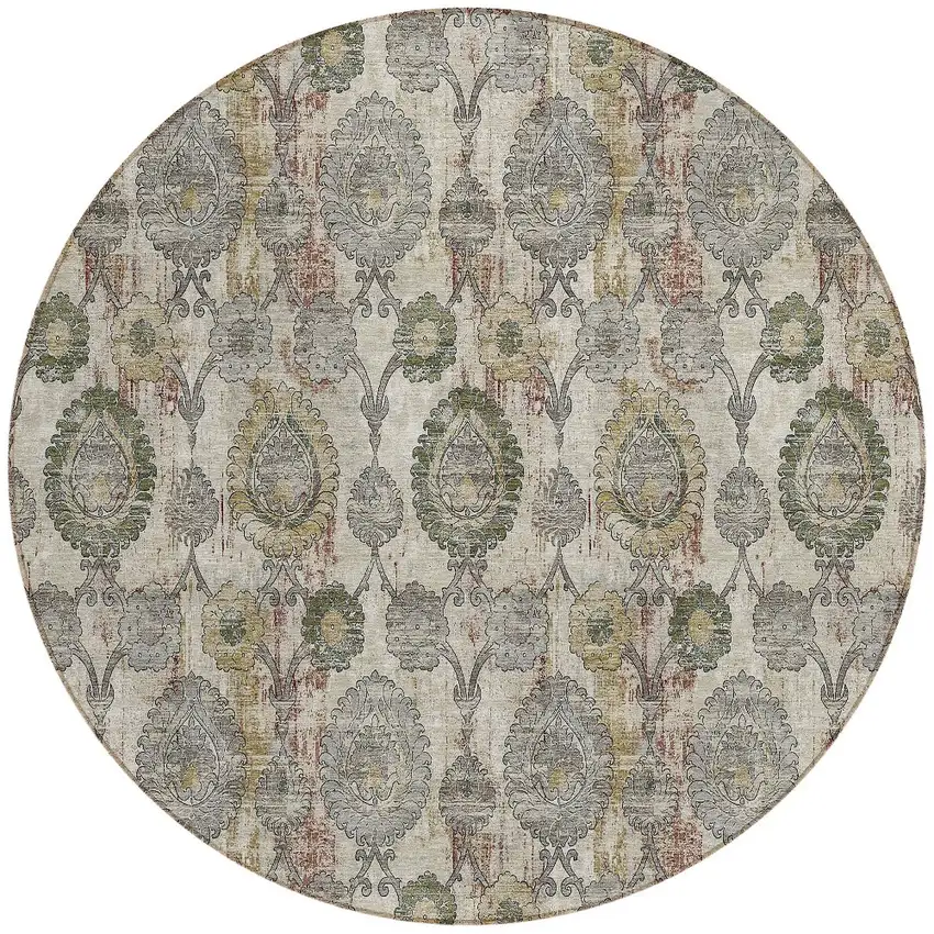 8' Beige Taupe And Green Round Damask Washable Indoor Outdoor Area Rug Photo 6