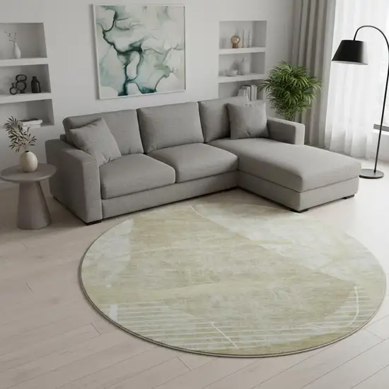 8' Beige Taupe And Ivory Abstract Geometric Washable Round Rug With UV Protection Photo 2