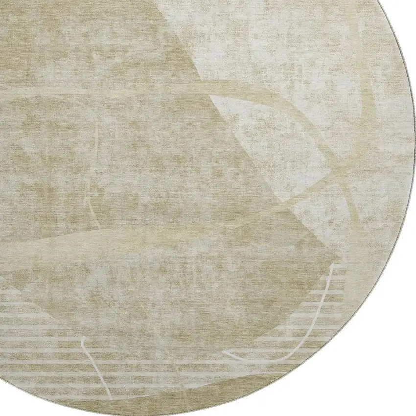 8' Beige Taupe And Ivory Abstract Geometric Washable Round Rug With UV Protection Photo 3