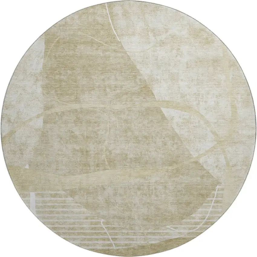 8' Beige Taupe And Ivory Abstract Geometric Washable Round Rug With UV Protection Photo 1