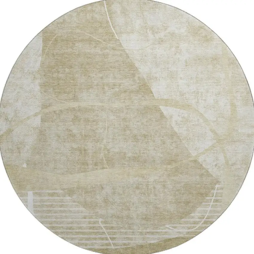 8' Beige Taupe And Ivory Abstract Geometric Washable Round Rug With UV Protection Photo 4
