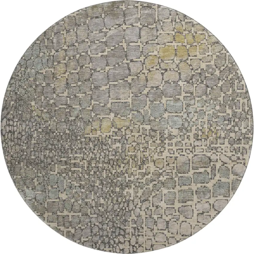 8' Beige Taupe And Ivory Abstract Geometric Washable Round Rug With UV Protection Photo 1