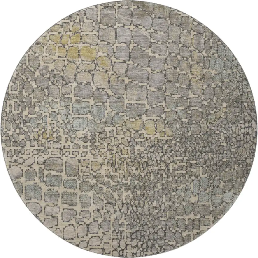 8' Beige Taupe And Ivory Abstract Geometric Washable Round Rug With UV Protection Photo 3