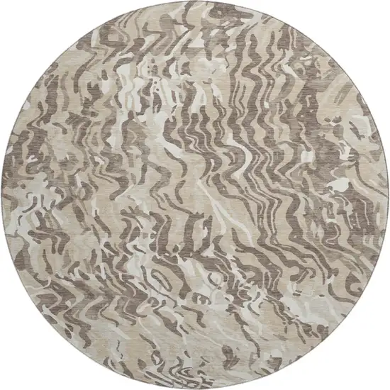 8' Beige Taupe And Ivory Abstract Washable Round Rug With UV Protection Photo 1