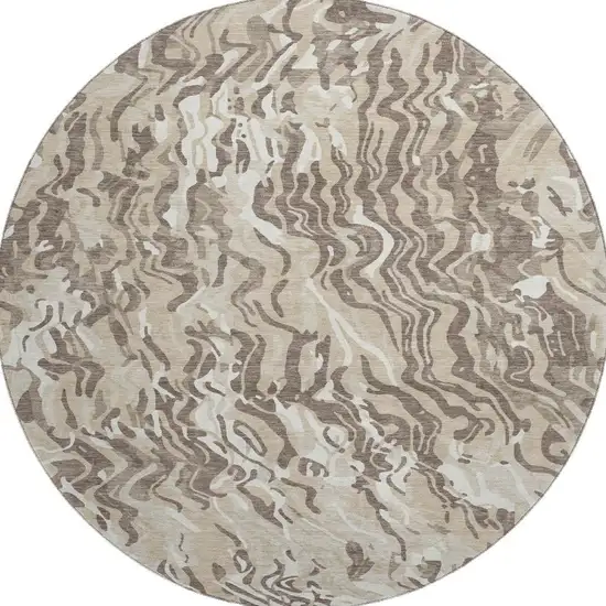 8' Beige Taupe And Ivory Abstract Washable Round Rug With UV Protection Photo 3