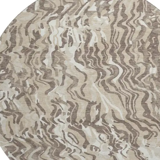 8' Beige Taupe And Ivory Abstract Washable Round Rug With UV Protection Photo 2