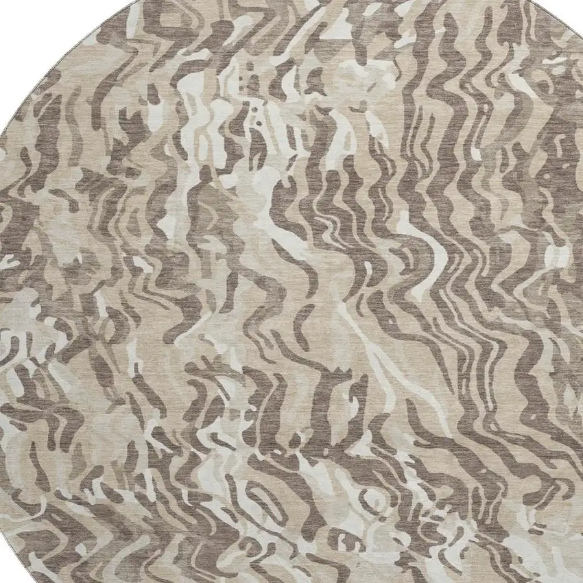 8' Beige Taupe And Ivory Abstract Washable Round Rug With UV Protection Photo 2