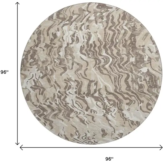 8' Beige Taupe And Ivory Abstract Washable Round Rug With UV Protection Photo 9