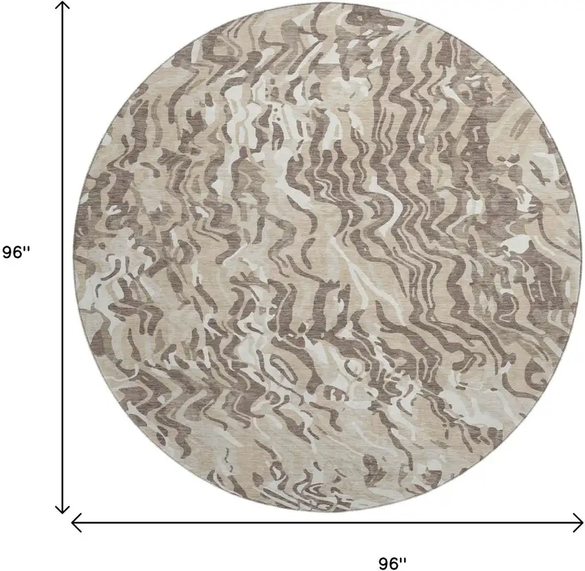 8' Beige Taupe And Ivory Abstract Washable Round Rug With UV Protection Photo 9