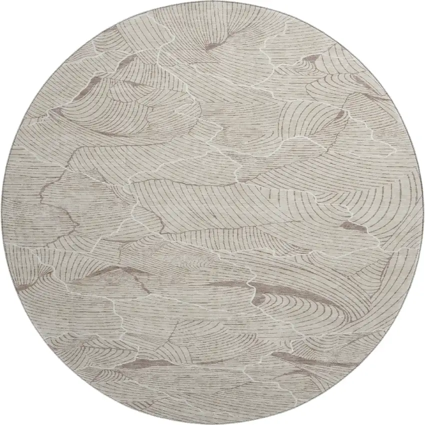 8' Beige Taupe And Ivory Abstract Washable Round Rug With UV Protection Photo 1